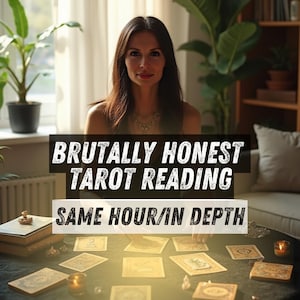Puede incluir: Una mujer sentada frente a una mesa con cartas del tarot, con el texto "BRUTALLY HONEST TAROT READING" y "SAME HOUR/IN DEPTH" superpuesto. La escena está iluminada con luz natural, con plantas y una estantería de fondo.
