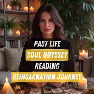May include: A woman with long brown hair is holding tarot cards. The image includes text that reads "PAST LIFE SOUL ODYSSEY READING REINCARNATION JOURNEY". Lit candles and plants are in the background, creating a mystical atmosphere.