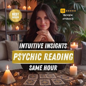 Pode incluir: Uma mulher com cabelo escuro e uma blusa preta está sentada em uma mesa com cartas de tarô. A imagem inclui o texto "Intuitive Insights Psychic Reading Same Hour". Uma insígnia de "Mais Vendidos" e uma avaliação média de 5 estrelas também são visíveis.