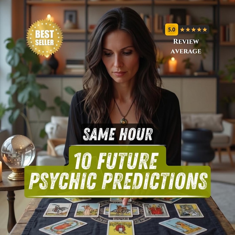 May include: A woman with long brown hair is seated at a table with tarot cards. The image includes text that reads "SAME HOUR", "10 FUTURE PSYCHIC PREDICTIONS", and "BEST SELLER". A crystal ball and a 5-star review rating are also visible.