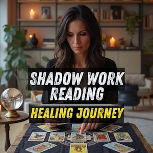 Könnte beinhalten: Eine Person sitzt an einem Tisch, umgeben von Tarotkarten. Der Text "SHADOW WORK READING" wird über den Karten angezeigt, darunter "HEALING JOURNEY". Eine Kristallkugel und Kerzen sind im Hintergrund zu sehen.