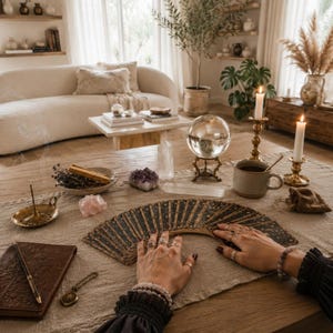 May include: A wooden table covered with a beige linen cloth featuring a fanned deck of dark celestial-themed tarot cards, a clear crystal ball on a gold stand, two lit white candles in brass holders, a ceramic mug, crystals, and a journal.