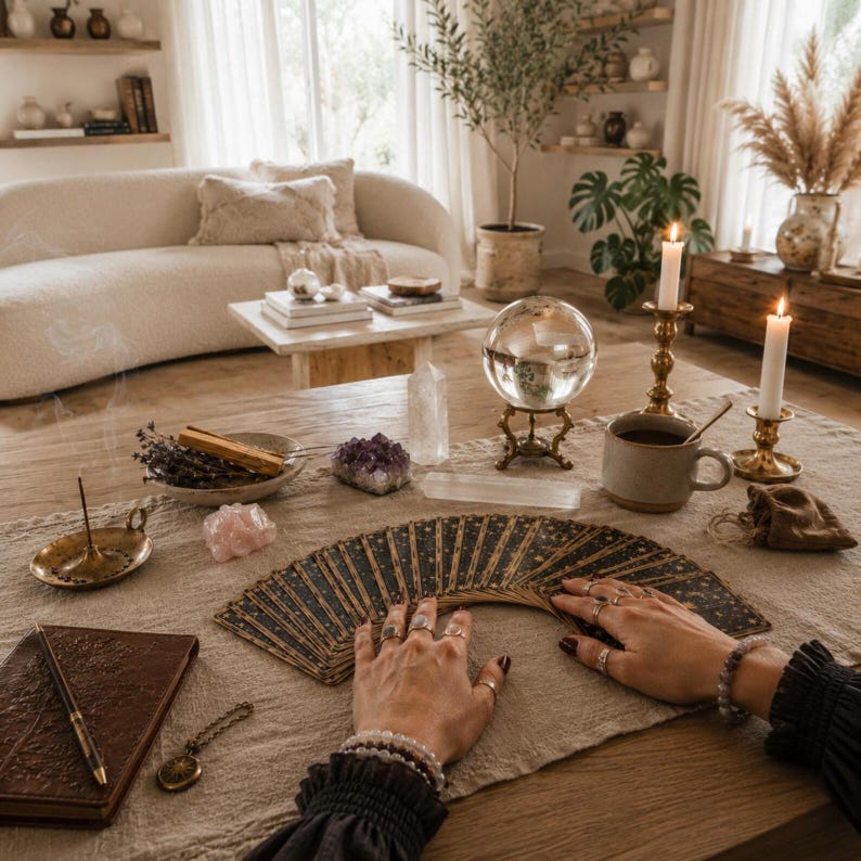 May include: A wooden table covered with a beige linen cloth featuring a fanned deck of dark celestial-themed tarot cards, a clear crystal ball on a gold stand, two lit white candles in brass holders, a ceramic mug, crystals, and a journal.
