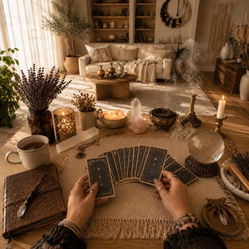 May include: A set of tarot cards fanned out on a textured mat, accompanied by a crystal ball, a ceramic mug, a leather-bound journal with a crystal pen, a burning incense holder, dried lavender, and various crystals on a wooden table.