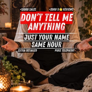 Könnte beinhalten: Eine Person in einer weißen, strukturierten Strickjacke und schwarzer Hose mit Textüberlagerungen: +13000 SALES, +2000 5 STAR REVIEWS, DON'T TELL ME ANYTHING, JUST YOUR NAME, SAME HOUR, EXTRA DETAILED und PURE TELEPATHY, mit offenen Händen im Sitzen.