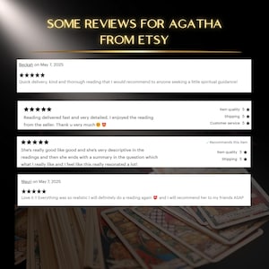 May include: A graphic displaying Etsy reviews for Agatha. The reviews are from May 7, 2025, and include comments about quick delivery, detailed readings, and realistic insights. The image also shows a deck of tarot cards.