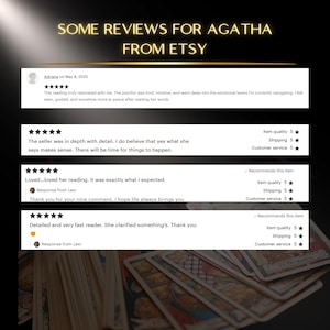 May include: Image featuring Etsy reviews for Agatha, with customer testimonials and star ratings. The reviews highlight positive experiences, with phrases like "in depth with detail" and "exactly what I expected."