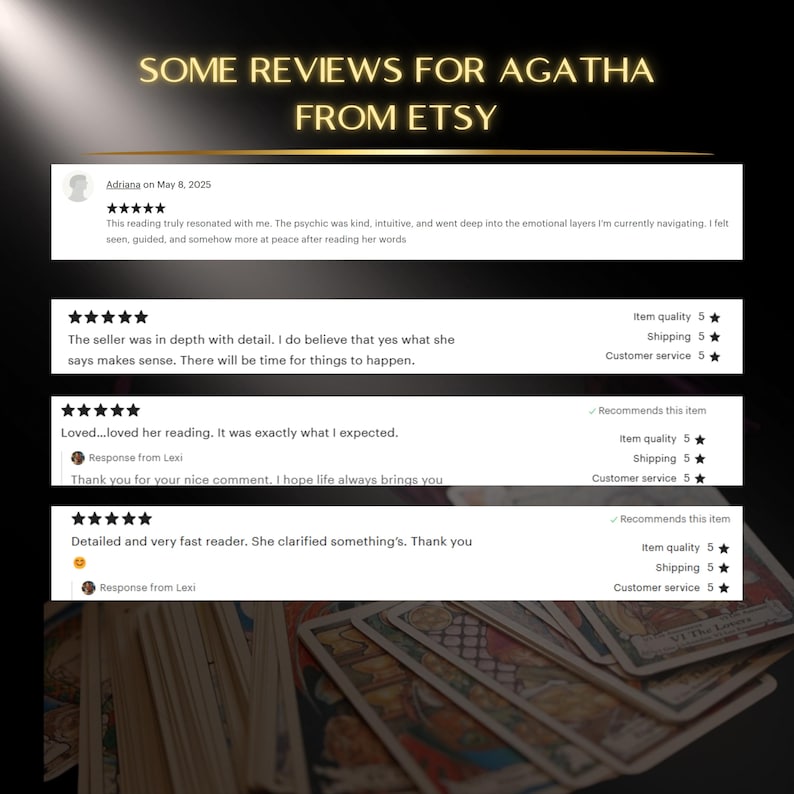 May include: Image featuring Etsy reviews for Agatha, with customer testimonials and star ratings. The reviews highlight positive experiences, with phrases like "in depth with detail" and "exactly what I expected."