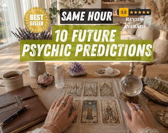 May include: A wooden table displays six tarot cards arranged in two rows, a clear crystal ball, a brown leather journal with a pen, a crystal point, and an amethyst cluster. Text overlays read: BEST SELLER, SAME HOUR, 10 FUTURE PSYCHIC PREDICTIONS.