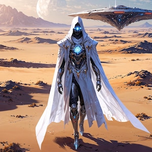 Peut inclure: Une figure futuriste vêtue d'une cape à capuche blanche et d'une armure métallique traverse un paysage désertique. La figure a des yeux bleus brillants et un emblème de poitrine. Un vaisseau spatial plane en arrière-plan sous une grande lune.