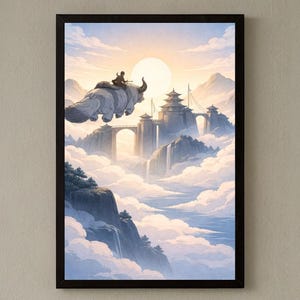 Könnte beinhalten: Ein gerahmter Druck zeigt eine Fantasielandschaft mit einer Person, die einen fliegenden Büffel reitet. Die Szene umfasst eine große Sonne, Berge, Wasserfälle und eine Pagodenstruktur. Das Kunstwerk ist in sanften Pastellfarben gehalten.