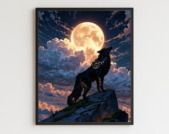 Moon Wolf Wall Art, Fantasy Wolf Poster, Anime Night Landscape Print, Mystical Wolf Decor, Full Moon Fantasy Artwork