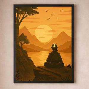 Zen zonsondergang meditatie kunst aan de muur, minimalistische anime landschap poster, spiritueel decor meer, oranje esthetische rustige print, op avatar geïnspireerd