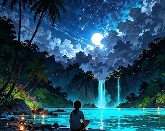Descarga digital de fantasía de cascada lunar, paisaje nocturno de anime imprimible, arte mural de meditación estética azul, póster de cascada de fantasía