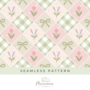 Padrão sem costura de tulipas em tons de sálvia e lavanda com estampa de diamante | Papel digital xadrez verde PNG | Design de patchwork com laço no estilo cottagecore