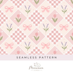 Lavender Tulip Diamond Seamless Pattern | Pink Gingham Digital Paper PNG | Cottagecore Bow Patchwork Design