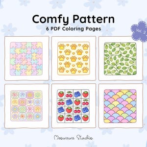 Puede incluir: Seis páginas para colorear en PDF con varios patrones: piezas de rompecabezas, huellas de patas, hojas, flores, bayas y un diseño de escamas. El título "Comfy Pattern" se muestra en la parte superior, con "Vol. 2" en una insignia en forma de flor morada.