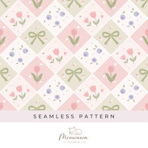 Tulip Blueberry Diamond Seamless Pattern | Pastel Patchwork Digital Paper PNG | Cottagecore Gingham Bow Design