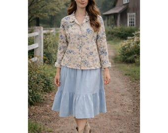 Cottagecore Boho Farm Y2K 80s Teddi Beige Blue Floral Button Front XL Jacket