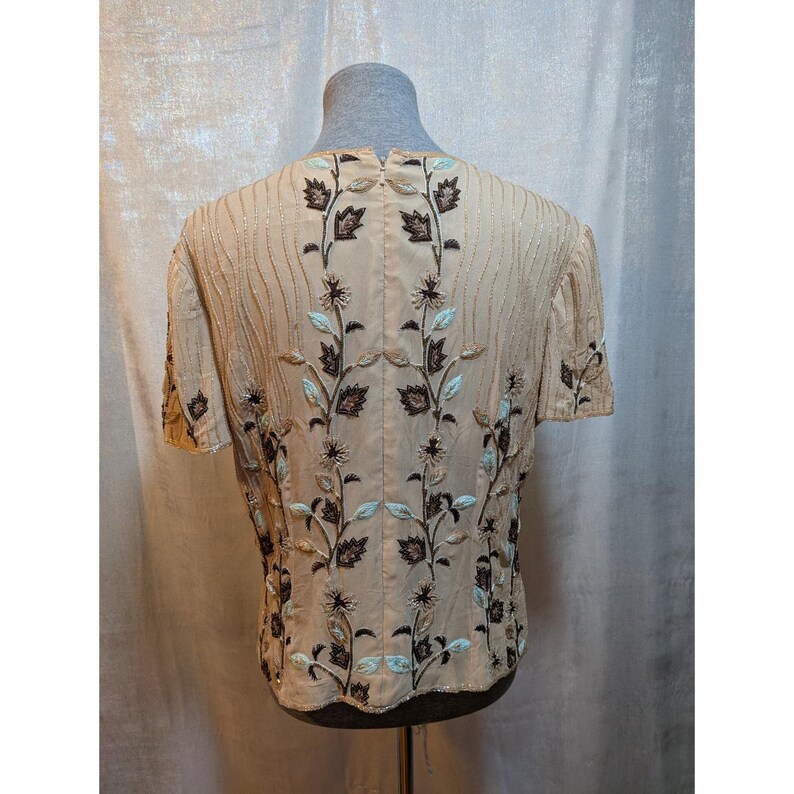 Vintage Adrianna Papell Cottagecore Old Money 14 BeigeBrown Beads Silk FloralTop image 3
