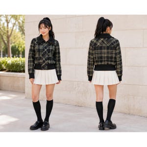 May include: A plaid jacket featuring a black collar, cuffs, and hem, paired with a white pleated skirt and black knee-high socks. The jacket has a dark green and black checkered pattern with button details on the front and a structured back design.
