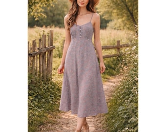 Cottagecore Prairie Boho Babydoll Cami Y2K Blue Ditzy Floral Maxi M Slip Dress