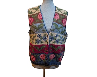 Vintage 90s Women Robert Scott Wool Floral Sweater Vest Cottagecore Gramcore