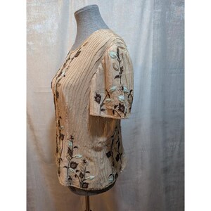 Vintage Adrianna Papell Cottagecore Old Money 14 BeigeBrown Beads Silk FloralTop image 6