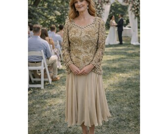Wedding Vacation Elegant Vintage Pearls Beads Chiffon Taupe Silk 12 Midi Dress