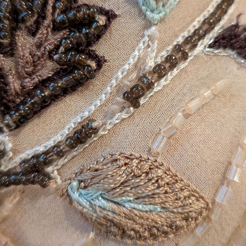 Vintage Adrianna Papell Cottagecore Old Money 14 BeigeBrown Beads Silk FloralTop image 10
