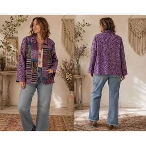Boho Cottage Art Anii Natural Silk Patchwork Purple Emo Floral Paisley M Jacket
