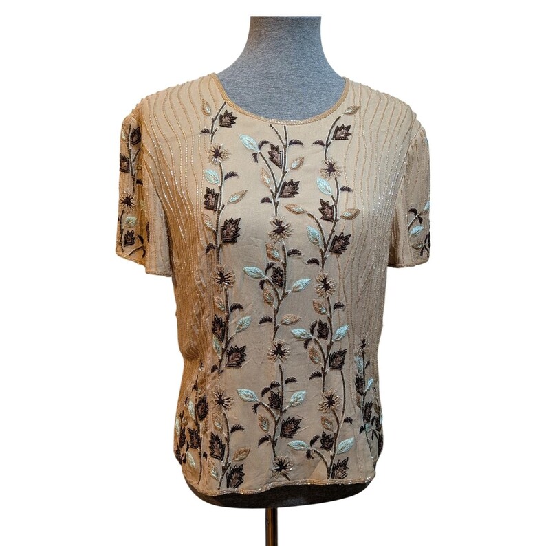Vintage Adrianna Papell Cottagecore Old Money 14 BeigeBrown Beads Silk FloralTop image 2