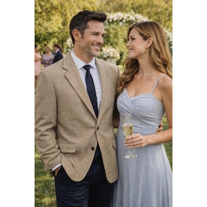 Cappotto sportivo beige in misto seta e pied de poule di lana, da matrimonio, da ufficio, JT Beckett, 40R, vintage