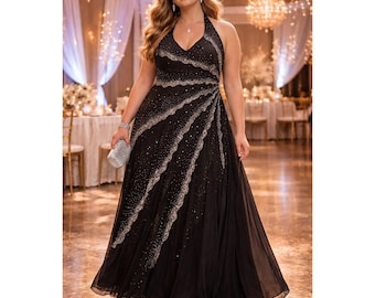 Prom Whimsigoth Y2K Black Halter Silver Sunburst 90s Beads Sequin 20 Long Dress