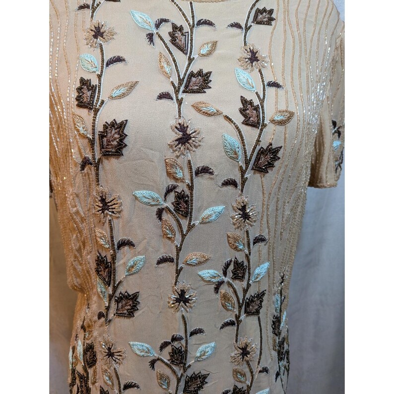 Vintage Adrianna Papell Cottagecore Old Money 14 BeigeBrown Beads Silk FloralTop image 4