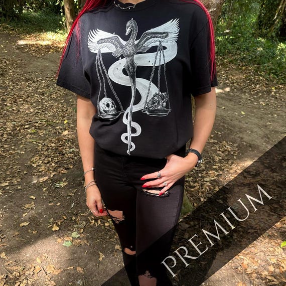 Libra Horror Scope Premium T-Shirt – Black Swan Scales with Skull & Heart | Air Sign Dark Zodiac Tee | Comfort Colors® | Gothic Shirt
