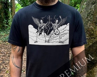 Gemini Horror Scope Premium T-Shirt – Twin Skeleton Rockers & Lightning | Dark Zodiac Air Sign Tee | Comfort Colors® | Hand drawn Art Shirt
