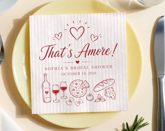 That's Amore Bachelorette Napkins, Custom Italian Bridal Shower Napkins, Striped Wedding Napkins