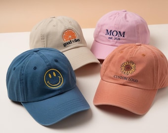 Custom Logo Embroidered Hats, Personalized Baseball Caps, Vintage Hats, Bridal Party Hats, Bachelorette Gifts, New Mom and Dad Gifts