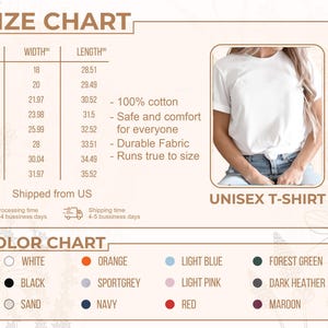 Peut inclure: Tableau des tailles pour un t-shirt unisexe, avec des mesures en cm pour les tailles S &agrave; 5XL. Le tableau comprend les dimensions de la largeur et de la longueur, ainsi qu'un nuancier avec diverses couleurs comme le blanc, le noir et l'orange. Le t-shirt est en 100% coton.