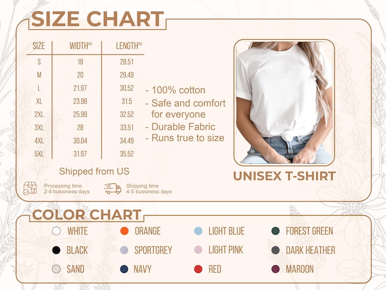 Peut inclure: Tableau des tailles pour un t-shirt unisexe, avec des mesures en cm pour les tailles S &agrave; 5XL. Le tableau comprend les dimensions de la largeur et de la longueur, ainsi qu'un nuancier avec diverses couleurs comme le blanc, le noir et l'orange. Le t-shirt est en 100% coton.