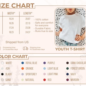 Peut inclure: Tableau des tailles et des couleurs pour t-shirts pour jeunes. Le tableau comprend les tailles S, M, L et XL, avec des mesures de largeur et de longueur en cm. Les options de couleur incluent le blanc, le noir et diverses autres couleurs. Une jeune personne porte un t-shirt blanc.