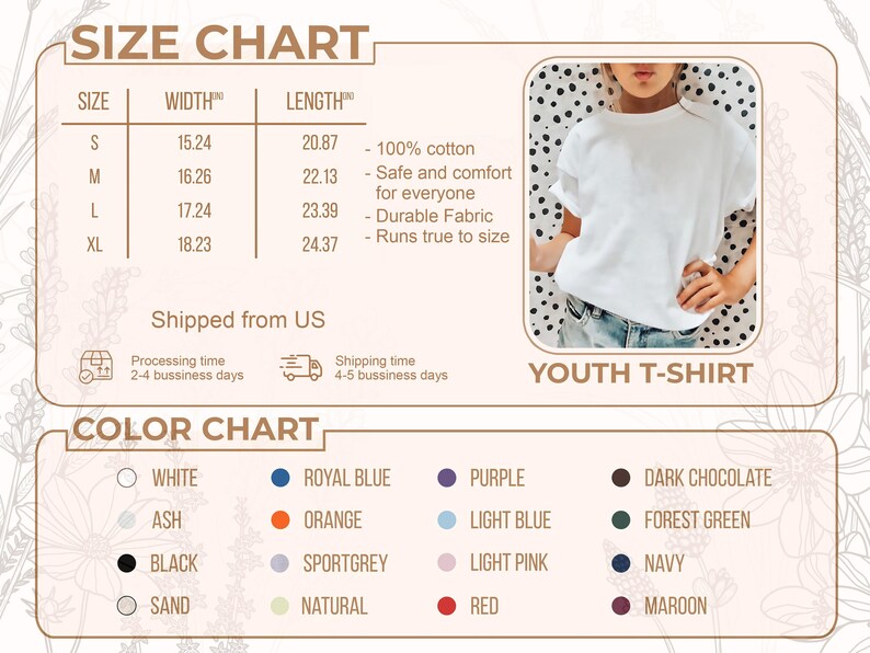 Peut inclure: Tableau des tailles et des couleurs pour t-shirts pour jeunes. Le tableau comprend les tailles S, M, L et XL, avec des mesures de largeur et de longueur en cm. Les options de couleur incluent le blanc, le noir et diverses autres couleurs. Une jeune personne porte un t-shirt blanc.