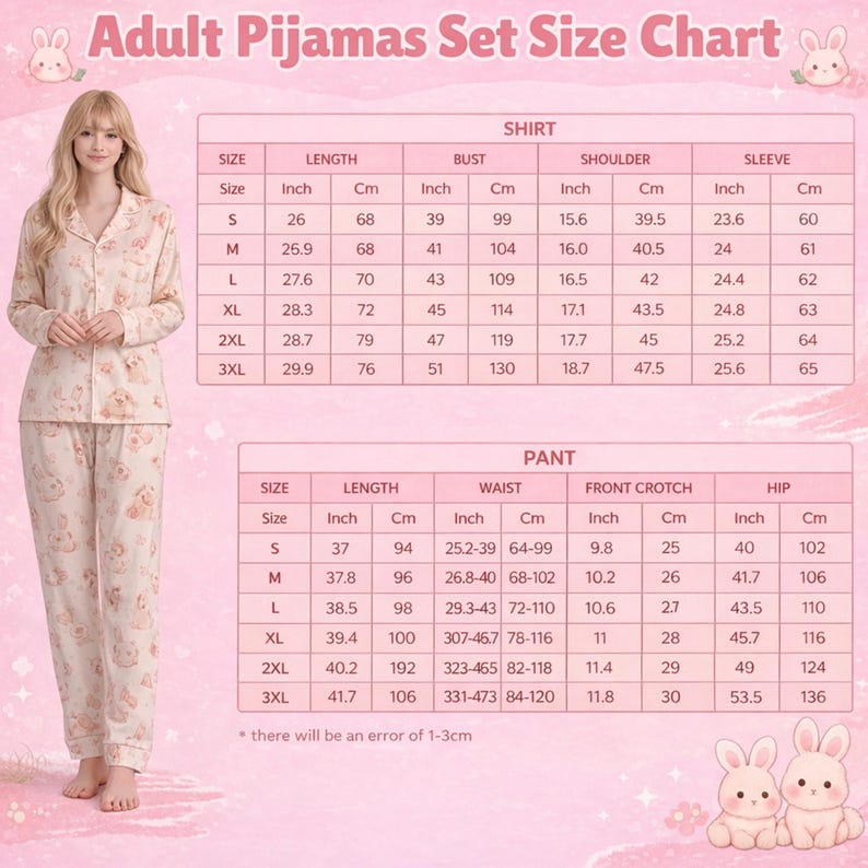 Puede incluir: Tabla de tallas de conjuntos de pijamas para adultos con medidas en pulgadas y cent&iacute;metros. La tabla incluye tallas de camisa y pantal&oacute;n, largos, busto, hombro, manga, cintura, tiro y cadera. Una mujer lleva el conjunto de pijama.