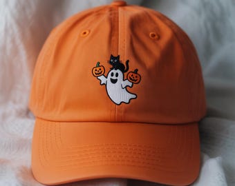 Ghost And Cat Halloween Embroidered Cap, Vintage Ghost Cat Halloween Hat, Funny Ghost Cat Hat, Spooky Season, Cat Lover Gift, Halloween Gift