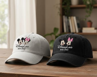 Gorro bordado de Mickey y Minnie Cherry (Disneyland, 1955), gorro bordado de Mickey Mouse, gorro de Disneyland, parque Disney vintage, gorro de Disney