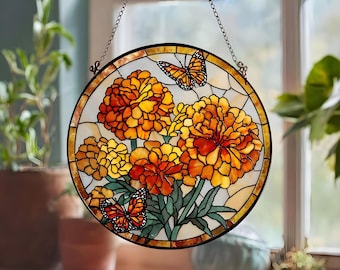 ステンドグラスのマリーゴールドサンキャッチャー：手作りの花飾り窓