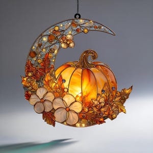 Autumn Pumpkin Crescent Moon Suncatcher – Acrylic Window Hanging with Fall Floral Leaves and Daisies, Seasonal Decor, Autumn Pumpkin Gift