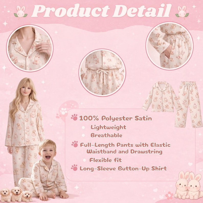 Puede incluir: Un conjunto de pijama beige claro con un estampado de conejitos repetido. El conjunto incluye una camisa abotonada de manga larga y pantalones largos con cintura el&aacute;stica y cord&oacute;n. La imagen tambi&eacute;n muestra a una mujer y un ni&ntilde;o con el pijama.