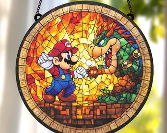 Atrapasol de vitral de Super Mario – Adorno acrílico de Mario vs Bowser / Regalo para gamers retro / Decoración navideña para fanáticos de los videojuegos